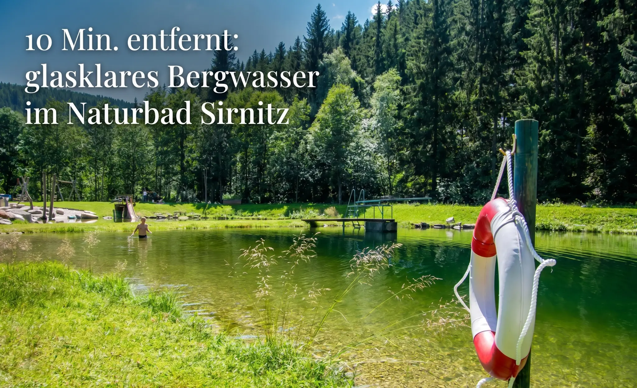 Sirnitz Natural Bathing Pond — crystal-clear mountain spring water with forest and meadow
