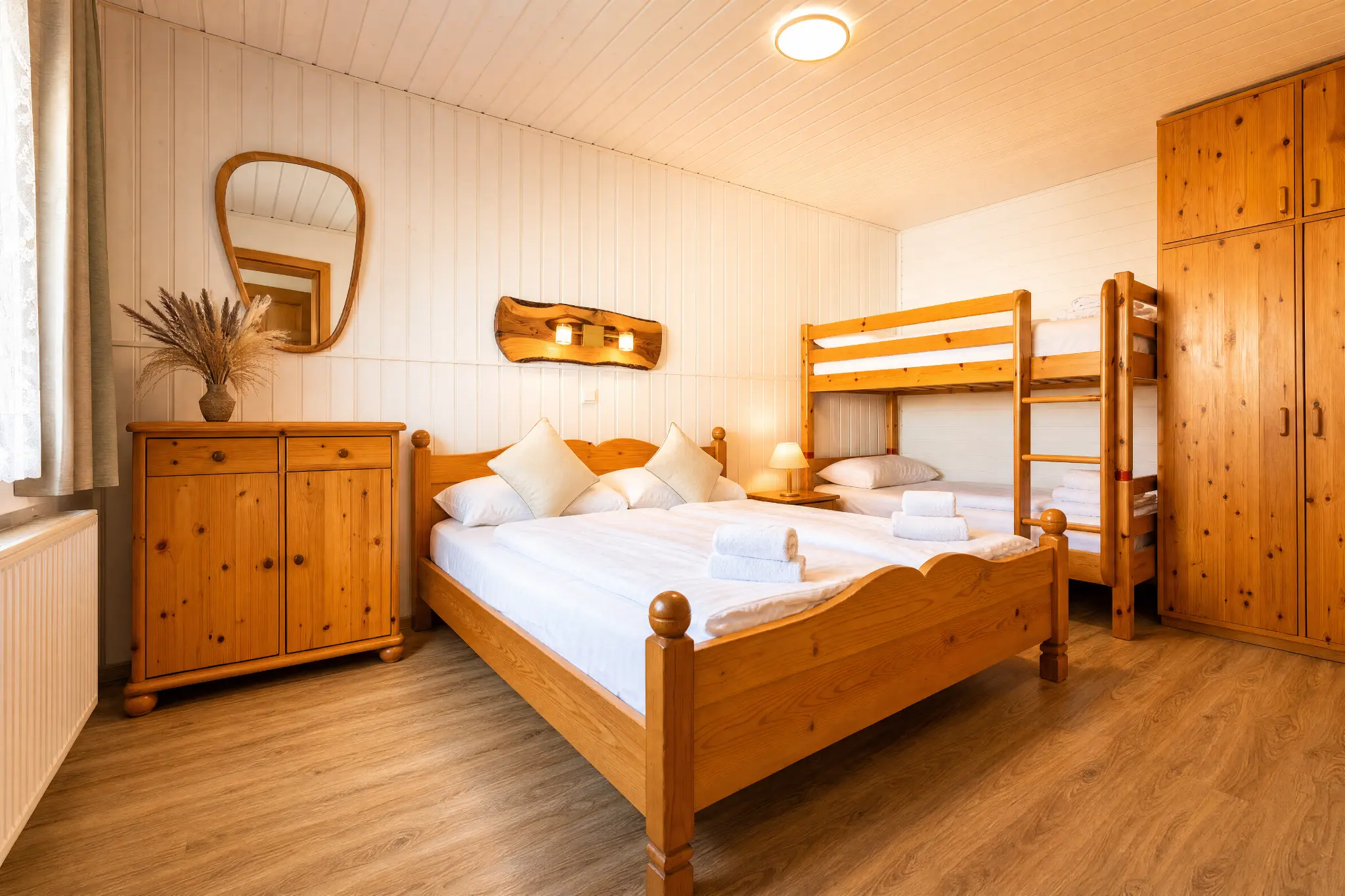 Schlafzimmer 1 Berglodge Hochrindl — Kingsize-Bett und Etagenbett