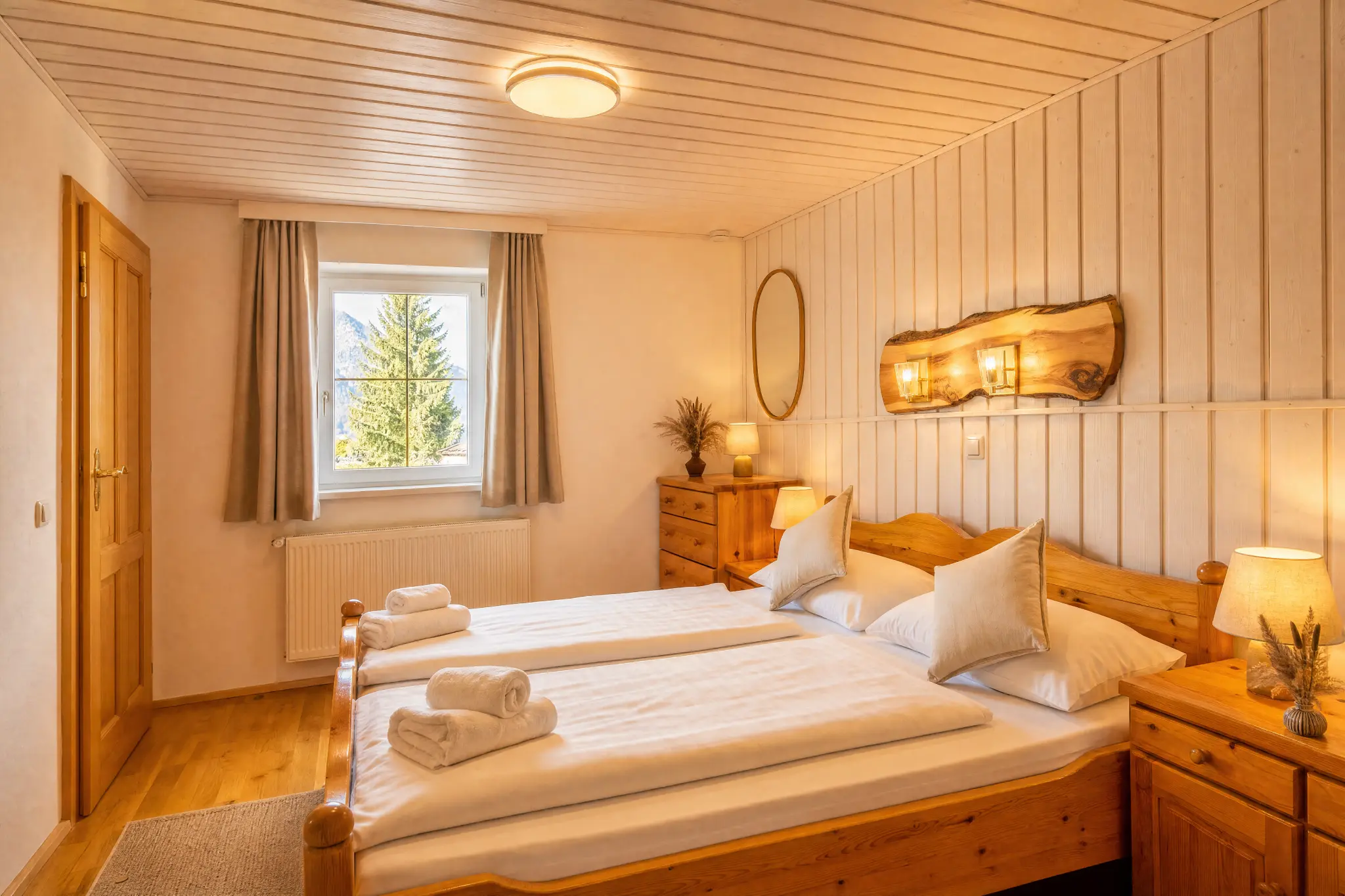Schlafzimmer 1 Berglodge Hochrindl — helles Holzzimmer mit Einzelbetten