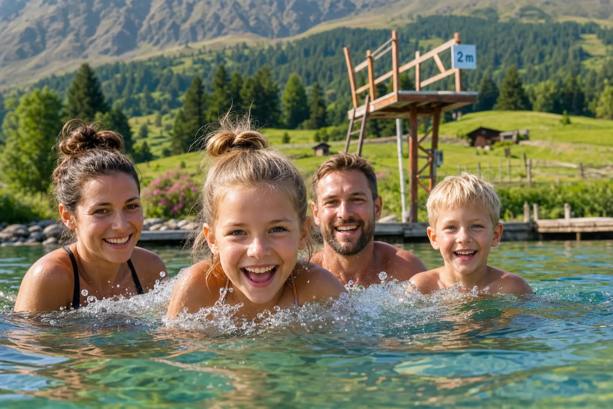 Familie beim Schwimmen im Naturbad Sirnitz — Bergpanorama im Hintergrund